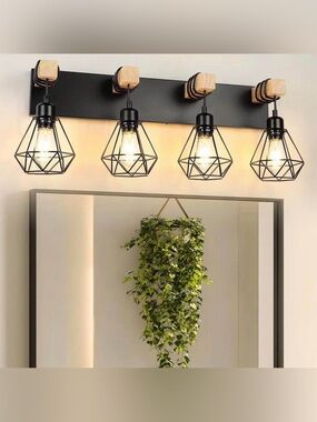 4-Light Farmhouse Vanity Light for Bathroom – Wood & Metal Vanity Fixture
